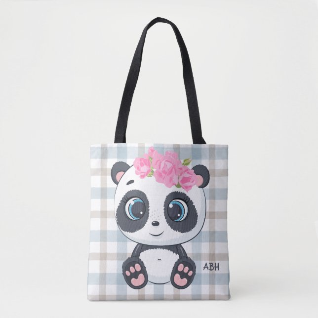 Cute Panda Rosa Blommigt Monogram Namn Tygkasse (Framsida)
