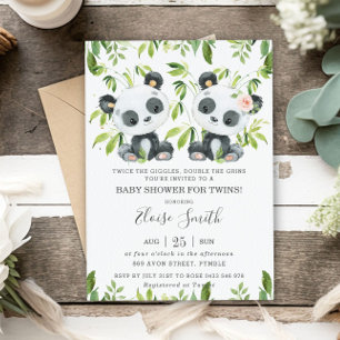 Cute Panda Rosa Blommigt Twillingars Boy Baby Show Inbjudningar