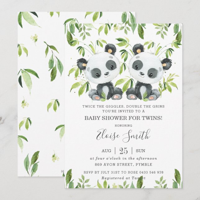 Cute Panda Rosa Blommigt Twin Boys Twillingar Baby Inbjudningar (Fram/baksida)