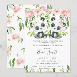 Cute Panda Rosa Blommigt Twin Girls Baby Shower Inbjudningar