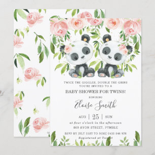 Cute Panda Rosa Blommigt Twin Girls Baby Shower Inbjudningar