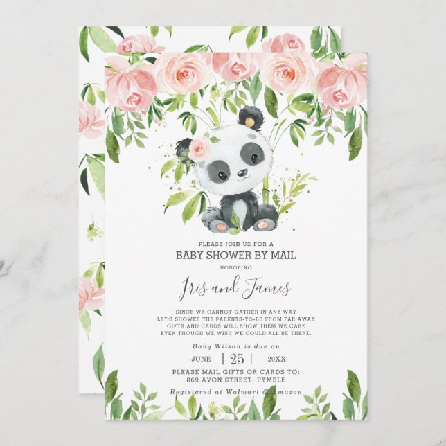 Cute Panda Rosa Blommigt Virtuell Baby Shower by M Inbjudningar (Fram/baksida)
