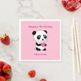 Cute Panda Rosa Heart Birthday Personlig Namn Pappersservett