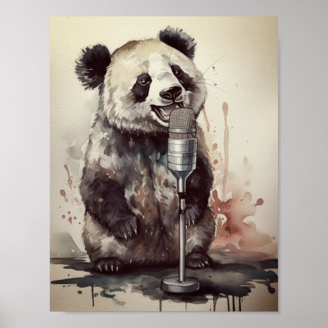 Cute panda singlar genom retromikrofon poster (Framsidan)