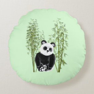 Cute Panda Sitta i Bamboo Rund Kudde