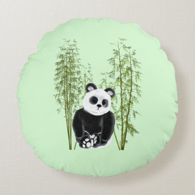 Cute Panda Sitta i Bamboo Rund Kudde (Framsidan)