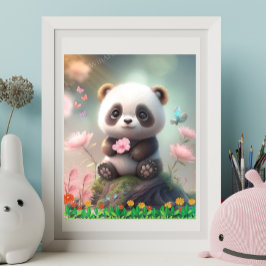 Cute Panda Sitta i Rosa Blommigt Garden Art Poster
