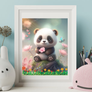 Cute Panda Sitta i Rosa Blommigt Garden Art Poster