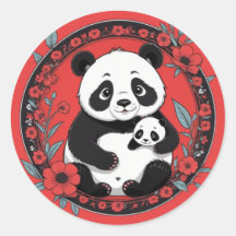 Cute Panda som håller baby med röda blommor