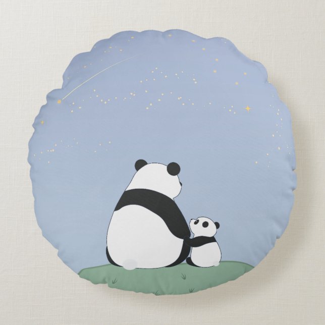 Cute Panda under Stars Rund Kudde (Framsidan)