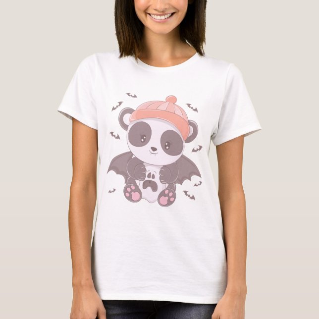 Cute Panda Vampire med Ghost & Fladdermus Hallowee T Shirt (Framsida)