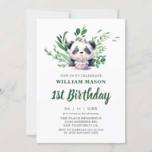 Cute Panda Watercolor Greenery 1:a födelsedagen Inbjudningar