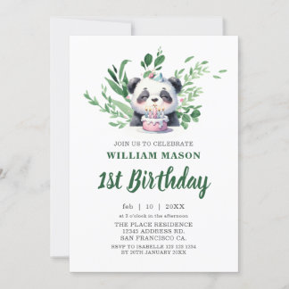 Cute Panda Watercolor Greenery 1:a födelsedagen Inbjudningar