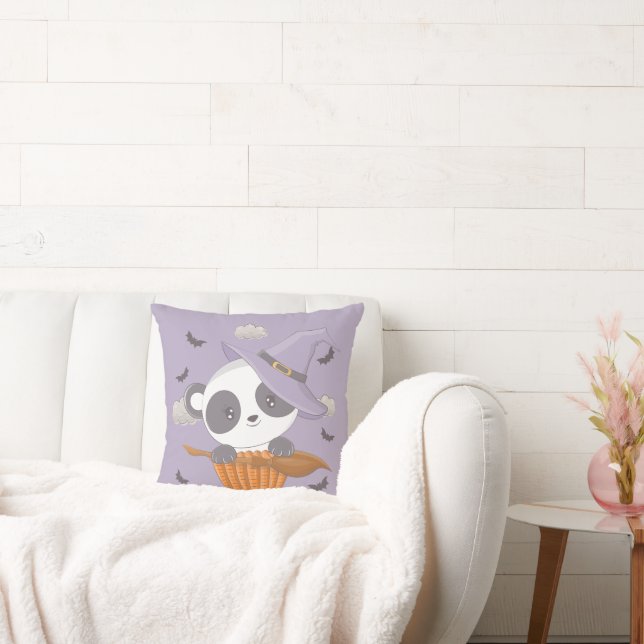 Cute Panda Witch och Fladdermus Lila Halloween Kudde (Soffa)