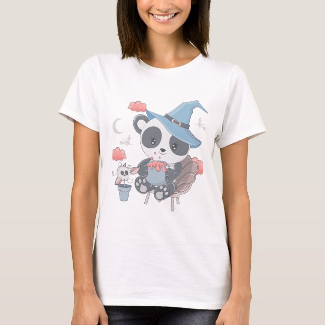Cute Panda Witch Surroded Clouds Halloween Mugg T Shirt (Framsida)