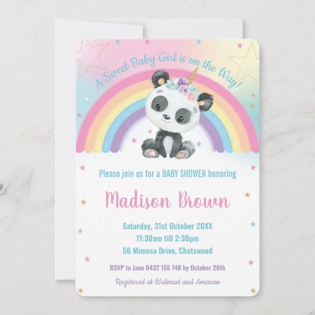 Cute Pandacorn Panda Rainbow Baby Shower Inbjudningar (Framsida)
