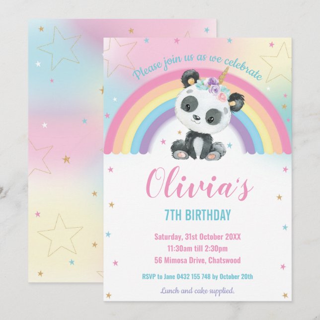 Cute Pandacorn Panda Rainbow Födelsedagsfest Inbjudningar (Fram/baksida)