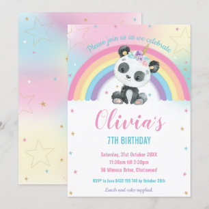 Cute Pandacorn Panda Rainbow Födelsedagsfest Inbjudningar