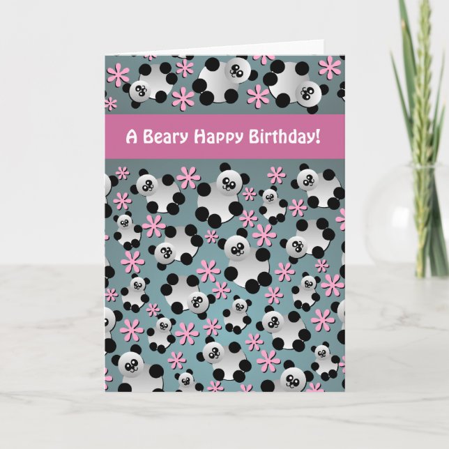 Cute Pandas and Flowers Birthday Card Kort (Framsida)
