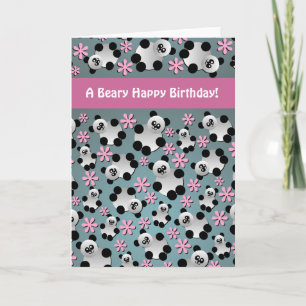 Cute Pandas and Flowers Birthday Card Kort