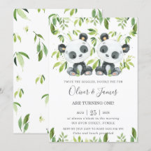 Cute Pandas Bamboo Greenery Twin Boys Birthday