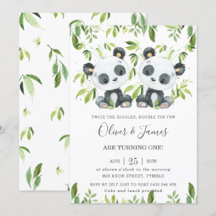 Cute Pandas Bamboo Greenery Twin Boys Birthday Inbjudningar