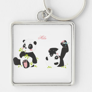 Cute pandas fyrkantig silverfärgad nyckelring