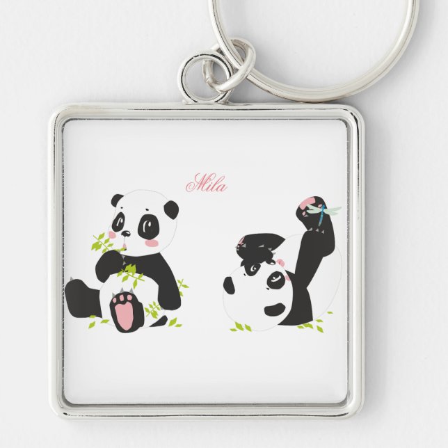Cute pandas fyrkantig silverfärgad nyckelring (Framsidan)