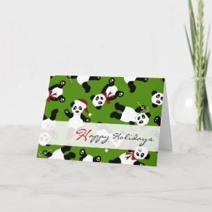 Cute Pandas Glad helg Santa Hat Cards - Grönt