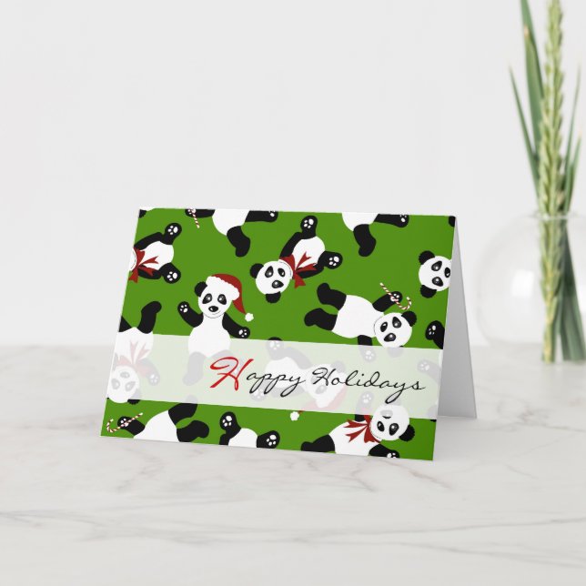 Cute Pandas Glad helg Santa Hat Cards - Grönt (Framsida)