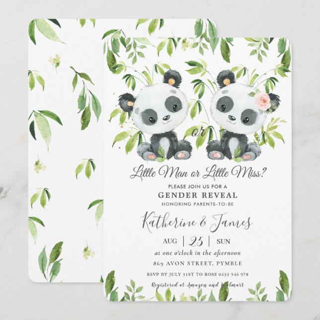 Cute Pandas Greenery Gender Reveal Baby Shower Inbjudningar (Fram/baksida)