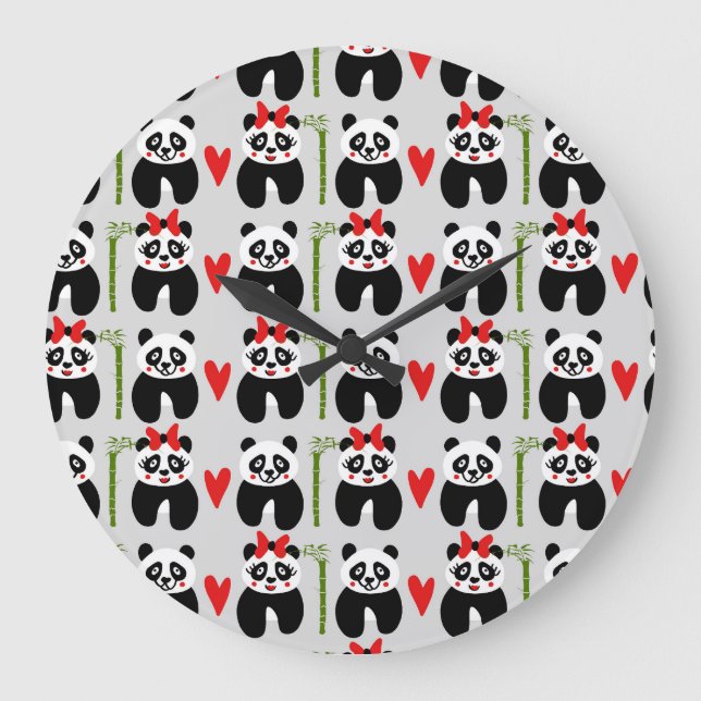 Cute Pandas Hearts: Barns Mönster Stor Klocka (Framsida)