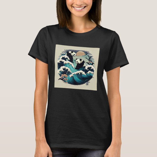 Cute pandas surfing the Japanese great wave sunset T Shirt (Framsida)