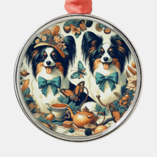 Cute Papillon Hund Illustration Julgransprydnad Metall