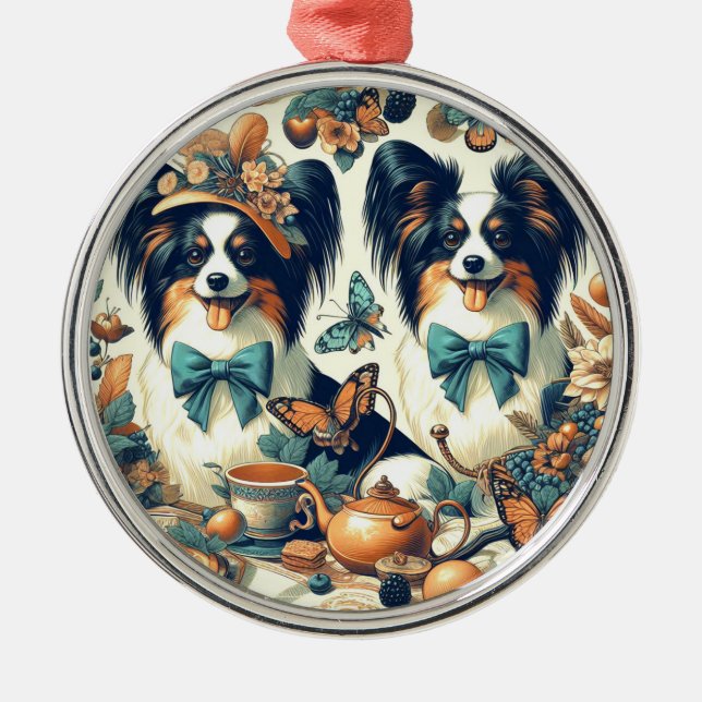 Cute Papillon Hund Illustration Julgransprydnad Metall (Framsidan)