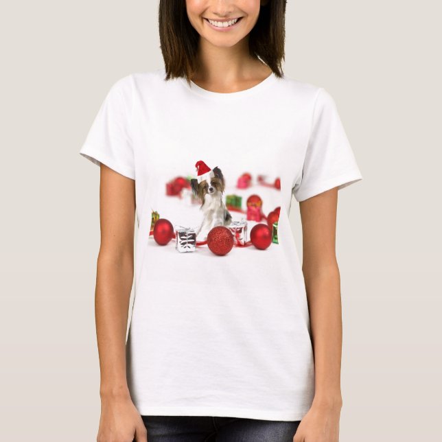 Cute Papillon Hund jultomten Hat Tee Shirt (Framsida)