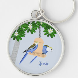 Cute par Playful Parrots Rosellas Add Namn Rund Silverfärgad Nyckelring