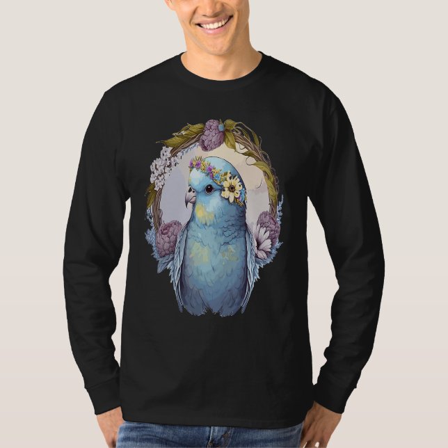 Cute Parakeet Budgie Bird Flower Crown Pet Birds   T Shirt (Framsida)