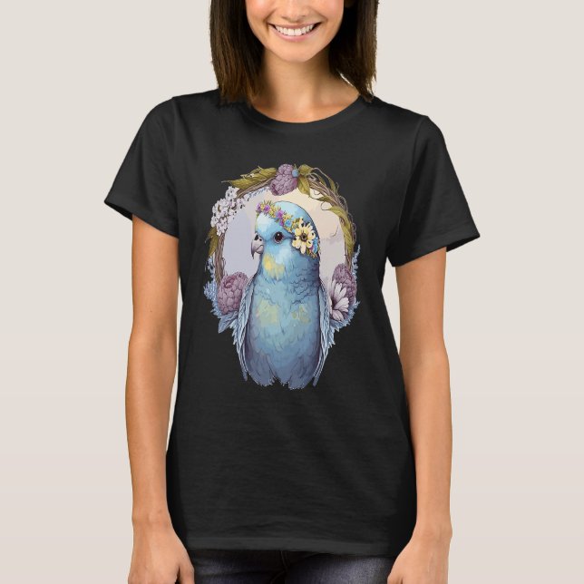 Cute Parakeet Budgie Bird Flower Crown Pet Birds   T Shirt (Framsida)