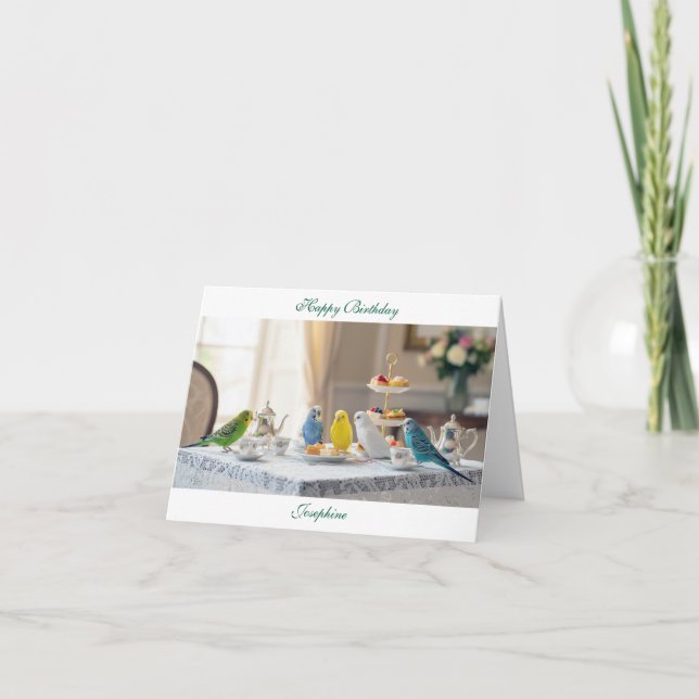 Cute Parakeet Budgies Afternoon Tea Birthday Kort (Framsida)