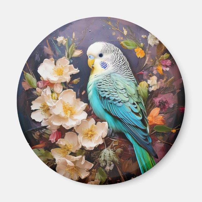 Cute Parakeet och Flowers Magnet (Framsidan)