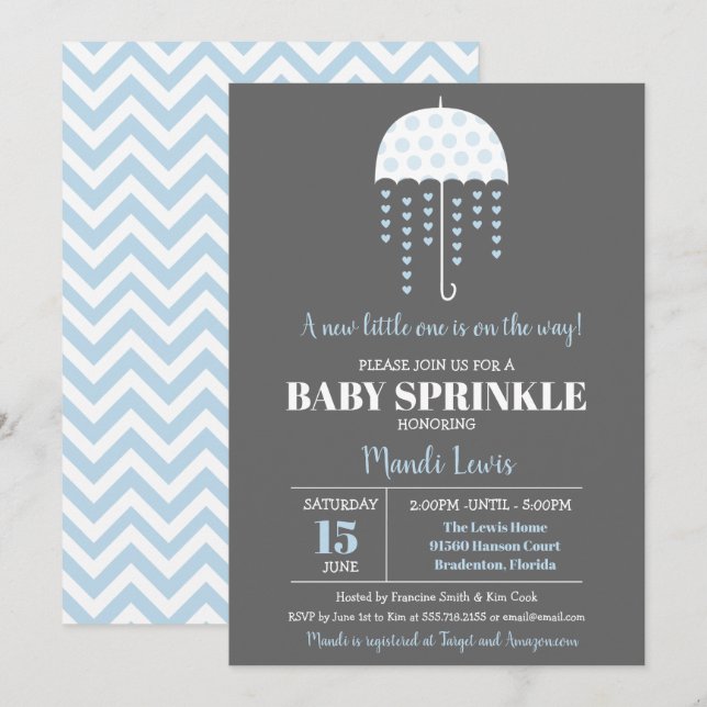 Cute Parbrella Blue Baby Sprinkle eller Baby Showe Inbjudningar (Fram/baksida)