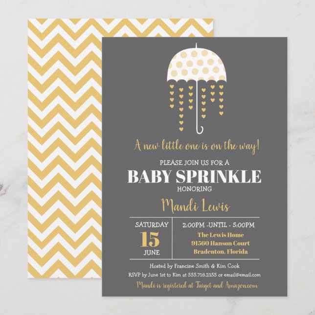Cute Parbrella Gult Baby Sprinkle eller Baby Showe Inbjudningar (Fram/baksida)