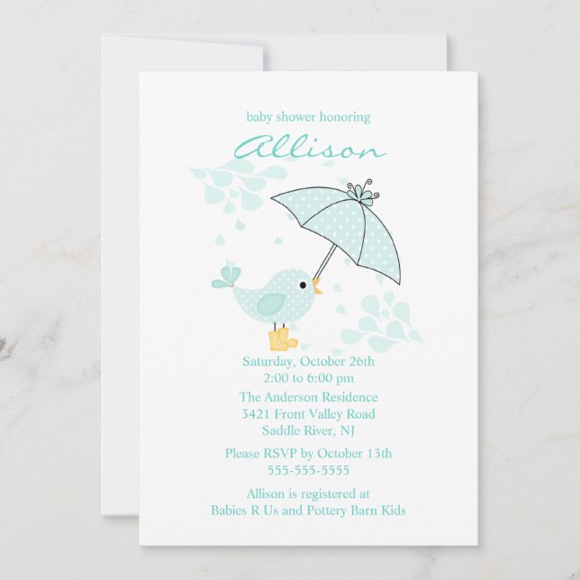 Cute Parbrella och Blue Bird Boy Baby Shower Inbjudningar (Framsida)