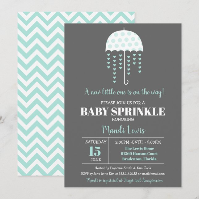 Cute Parbrella Turcos Sprinkle eller Baby Shower Inbjudningar (Fram/baksida)