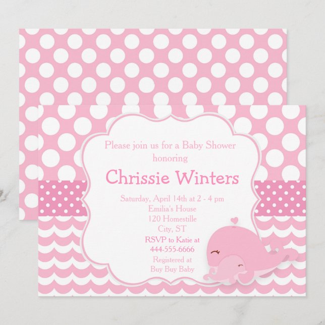 Cute Parent & Baby Whale Rosa Girl Baby Shower Inbjudningar (Fram/baksida)