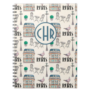 Cute Paris Street Scene Monogram för vattenfärg Anteckningsbok