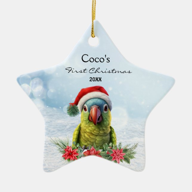 Cute Parrot Macaw i Santa Hat-Personligen Julgransprydnad Keramik (Framsidan)