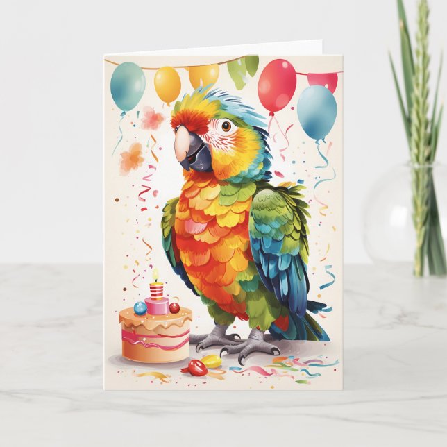 Cute Parrot med tårta som firar! | Kort (Framsida)