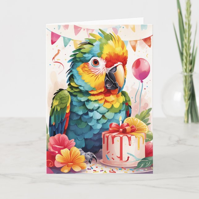 Cute Parrot och tårta, fira! | Kort (Framsida)
